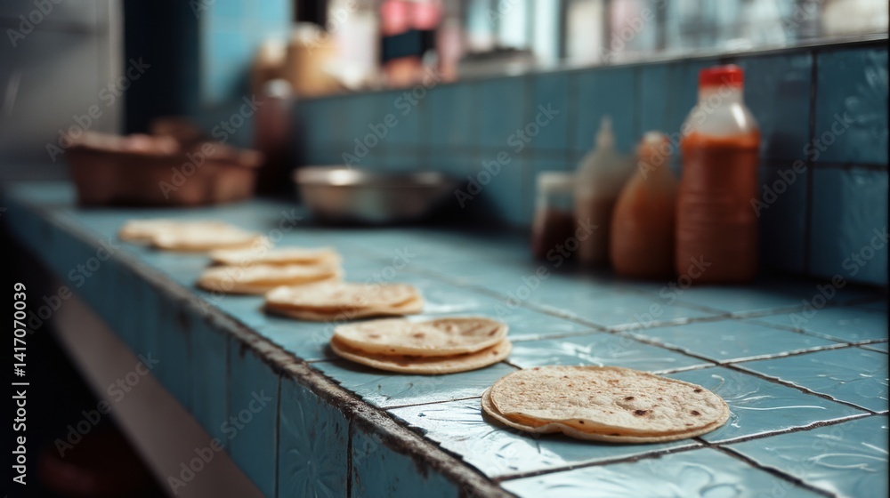 Fresh tortillas lined along a blue tiled counter evoke a sense of community and simplicity, inviting culinary exploration and craft.