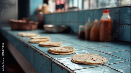Obraz na płótnie Fresh tortillas lined along a blue tiled counter evoke a sense of community and simplicity, inviting culinary exploration and craft. w salonie