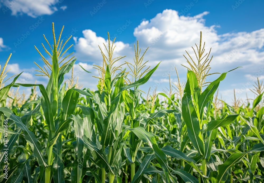 Corn Field Against a Bright Blue Sky with Fluffy Clouds, Showcasing Growing Crops Under the Sun in a Rural Landscape Corn Field Against a Bright Blue Sky with Fluffy Clouds, Showcasing Growing Crops Under the Sun in a Rural Landscape