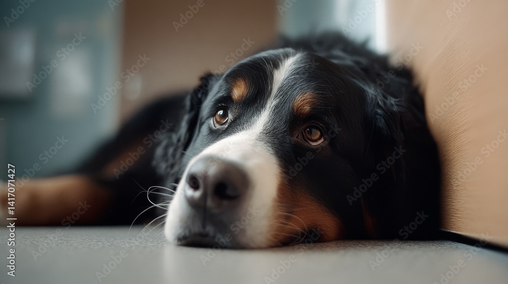 A dog lies comfortably on the floor, expressing a calm, thoughtful gaze, enjoying a quiet moment indoors. A dog lies comfortably on the floor, expressing a calm, thoughtful gaze, enjoying a quiet moment indoors.