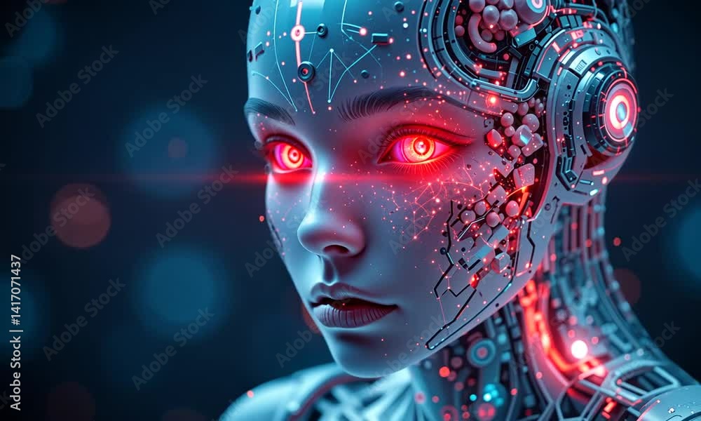 Close-up of female humanoid robot with glowing red eyes in digital futuristic background. Concept of artificial intelligence Close-up of female humanoid robot with glowing red eyes in digital futuristic background. Concept of artificial intelligence