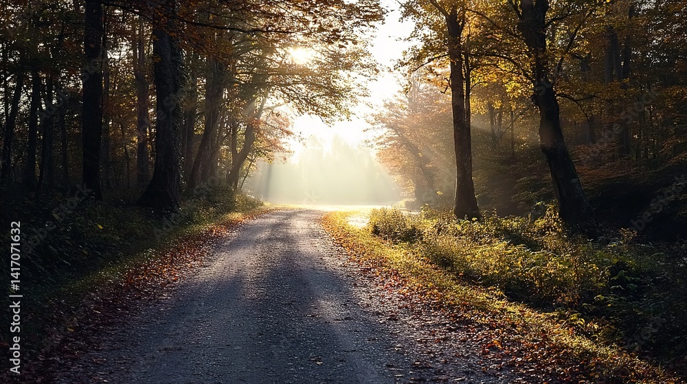 Obraz premium A sunlit forest path flanked by tall trees. Used in nature photography or wellness themes, it represents hope, journey, and harmony with nature