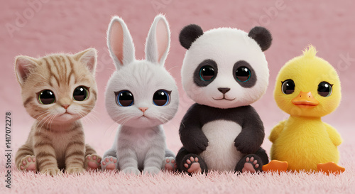 Four plush toys, including a cat, rabbit, panda, and duck, sitting on a pink fuzzy surface with a matching background.