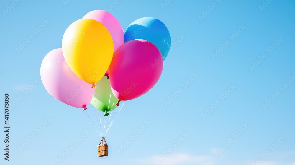 Naklejka premium Colorful balloons floating in a blue sky joyful celebration background image