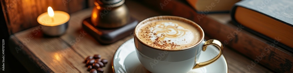 Cozy coffee cup in warm ambiance with candlelight and books