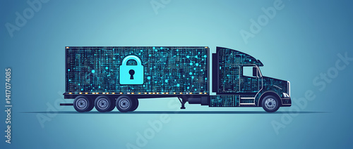 Cybersecurity Truck: The image features a conceptual illustration of a large, futuristic truck with a digital pattern and a lock, conveying ideas of secure transportation in the digital realm.