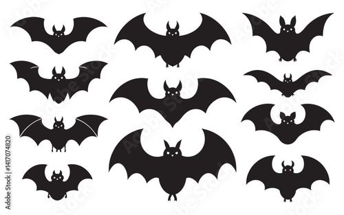 A set of black bat silhouettes with various wing shapes and body forms