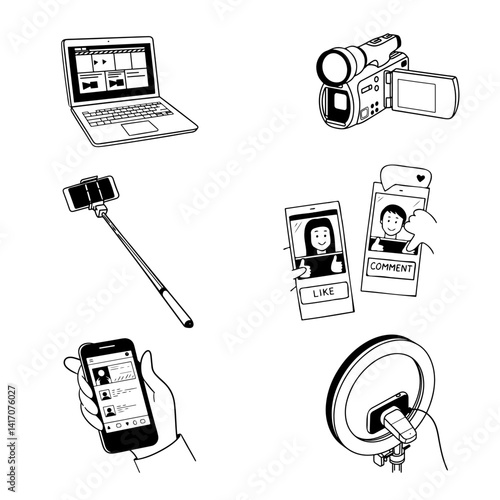 Blogger items, selfie stick, video camera, ring light, video editing, social media likes and comments. Set of vector sketches in black color in linear art style