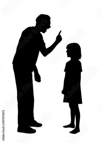 Silhouette of Adult Scolding Child . High Contrast Black and White Image Depicting Parental Discipline and Family Conflict