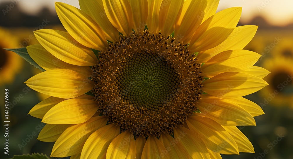 Fototapeta premium Blooming Sunflower Close-up in Field at Sunset Natural Light