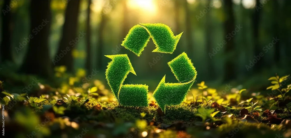 Recycling symbol in the forest. Close up.