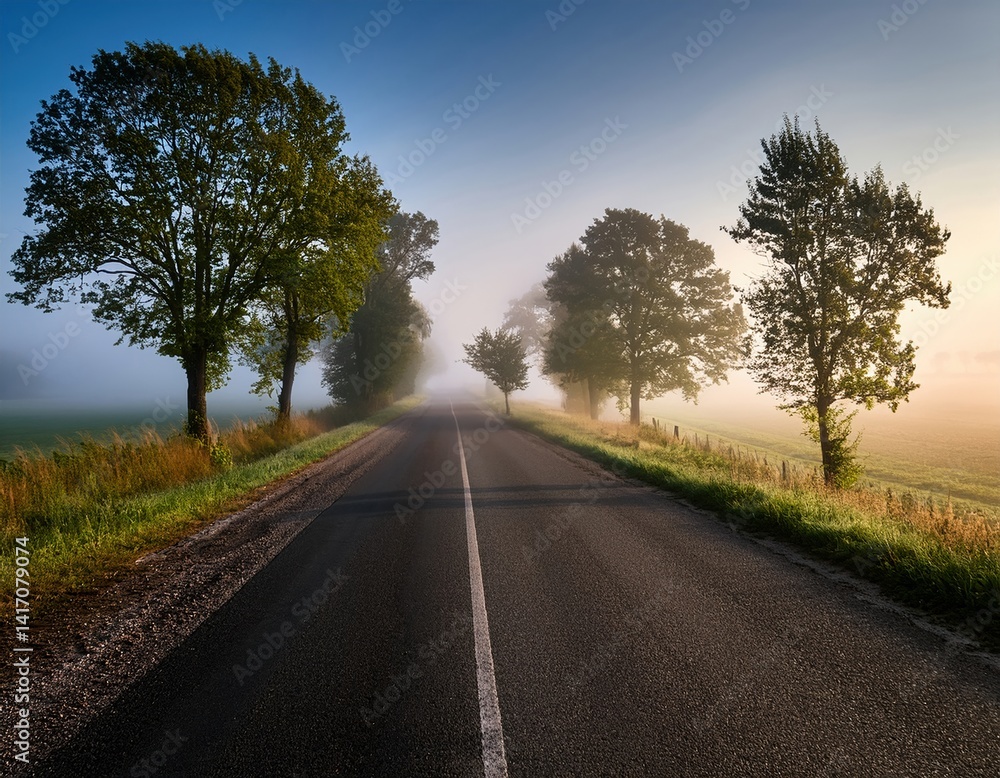 Fototapeta premium Misty morning rural road with lush trees and sunlight