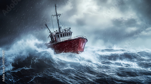 Vessel's Ordeal: Red ship battling a tempestuous sea under a menacing sky.