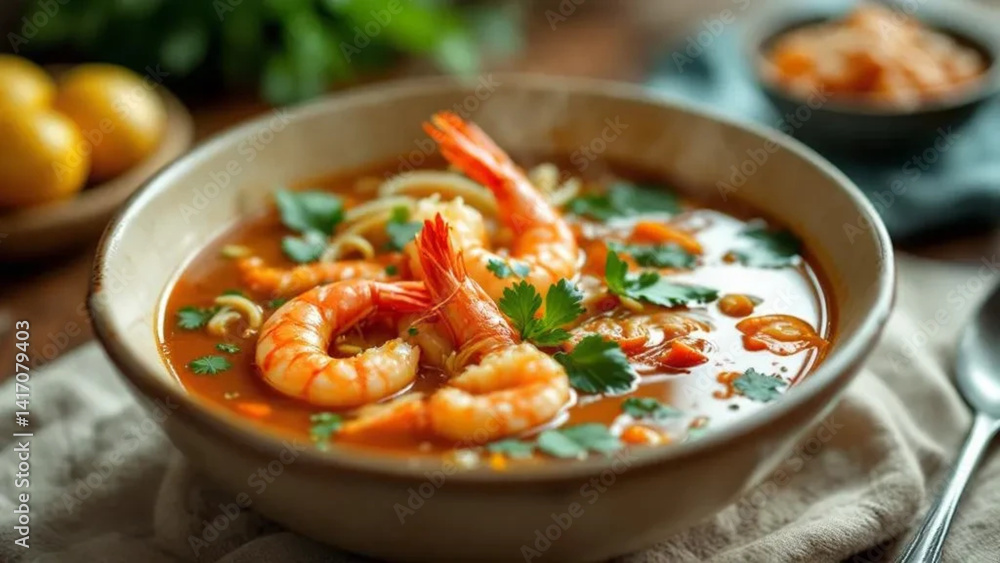 Hot soup with shrimps in a bowl.