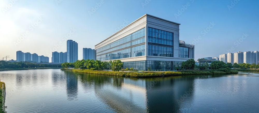 Modern office park lake view Modern office park lake view