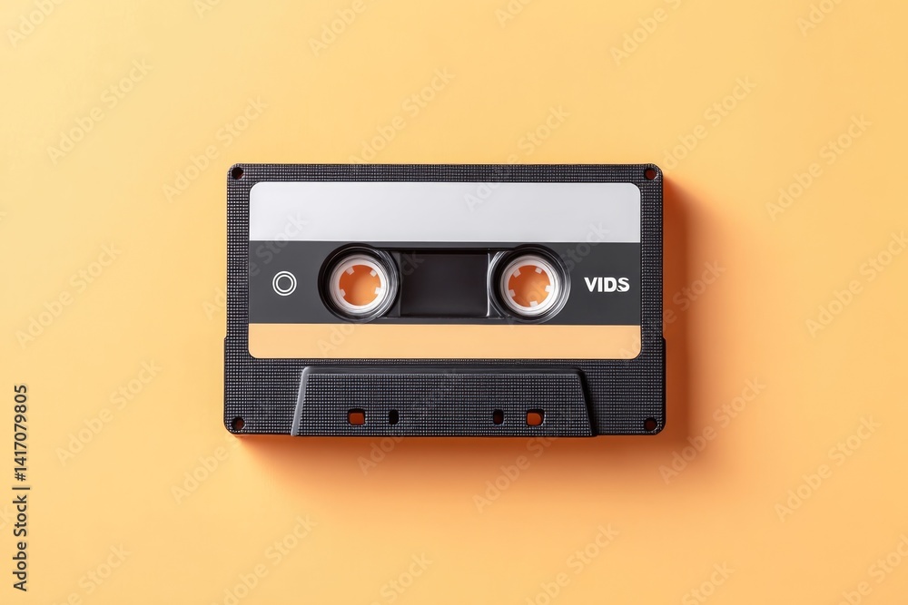 VHS Tape Resting Flat on a Vibrant Orange Surface, Illustrating Retro Nostalgia and Vintage Technology VHS Tape Resting Flat on a Vibrant Orange Surface, Illustrating Retro Nostalgia and Vintage Technology