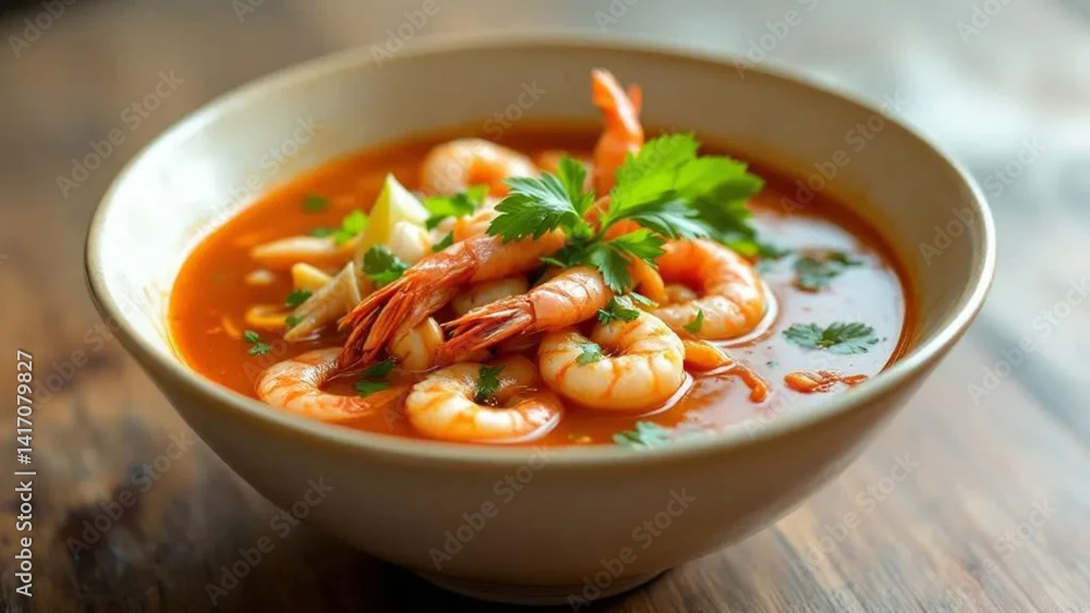 Hot soup with shrimps in a bowl. Hot soup with shrimps in a bowl.