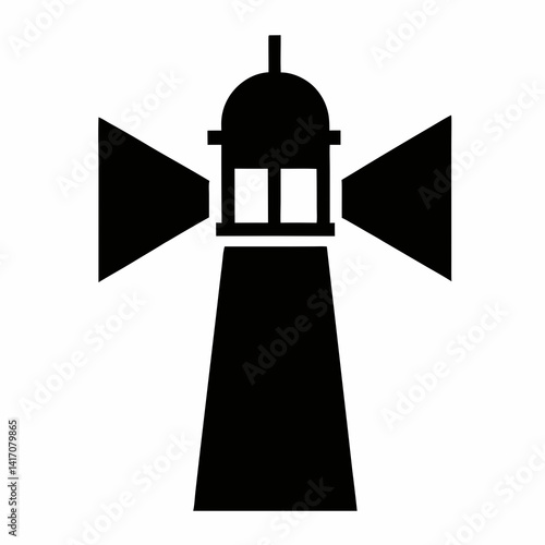 Simple Black And White Silhouette Of A Lighthouse With Light Beams Shining Out