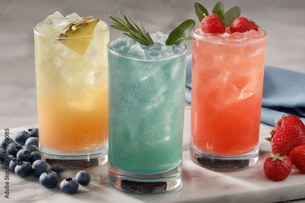 A colorful array of summer cocktails with fresh fruit and herbs, served with a refreshing tropical twist, ice cubes, on a marble tray, bright light and refreshing. A colorful array of summer cocktails with fresh fruit and herbs, served with a refreshing tropical twist, ice cubes, on a marble tray, bright light and refreshing.