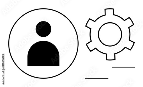 User profile icon enclosed in a circle next to a gear symbol. Ideal for management, customization, account setup, preferences, user control, personalization, simple landing page