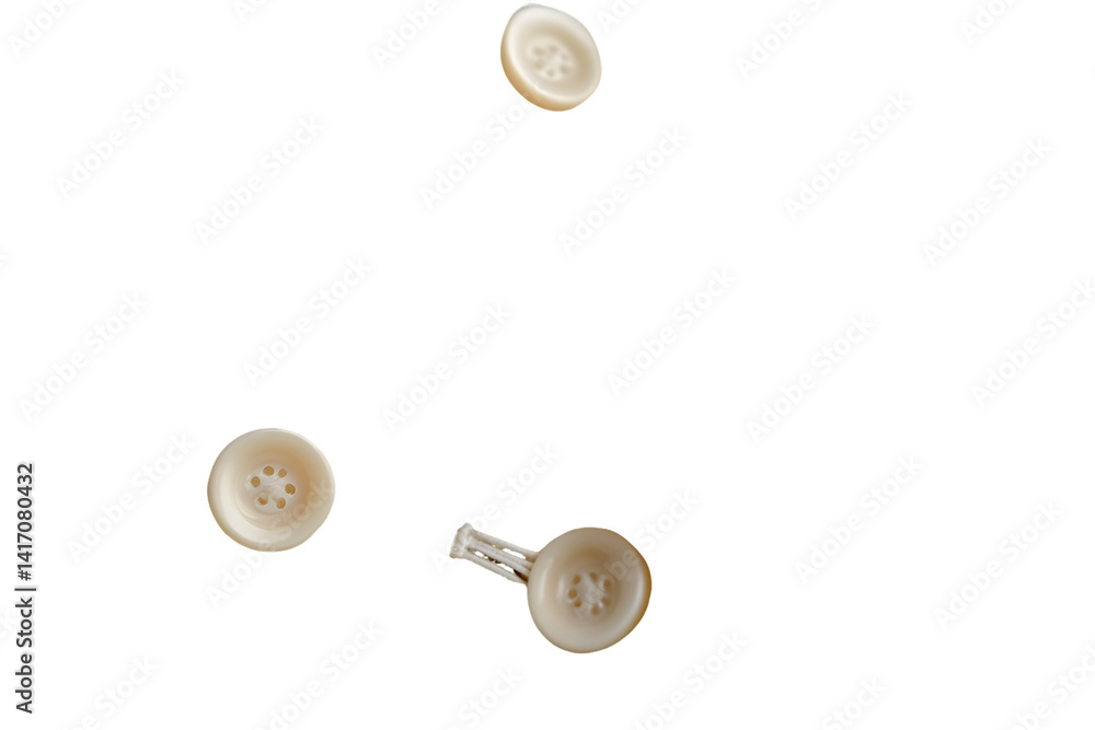 Floating Beige Buttons: Scattered Sewing Elements on White Floating Beige Buttons: Scattered Sewing Elements on White