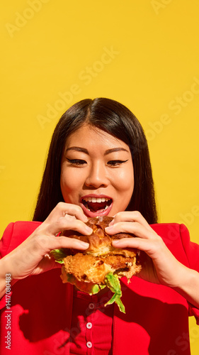 Obraz na płótnie Excited Asian young woman in red prepares to bite large sandwich while looking at it with open mouth and wide smile against bright yellow background. Concept of food, pop art, human emotions w salonie