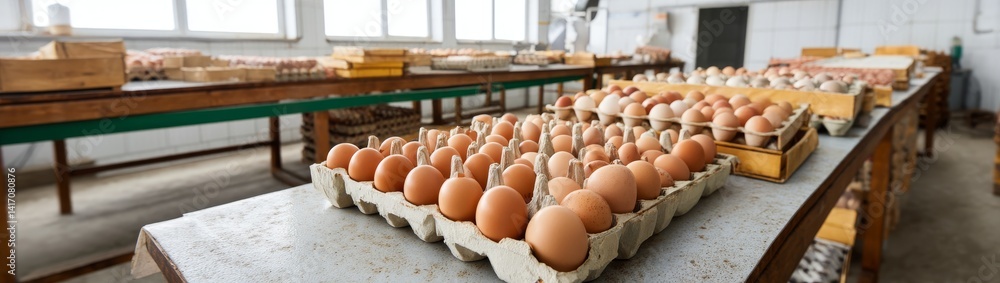 A Large Quantity of Eggs Arranged in Cartons on the Factory Floor of an Egg Production Facility
