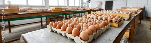 Obraz na płótnie A Large Quantity of Eggs Arranged in Cartons on the Factory Floor of an Egg Production Facility w salonie