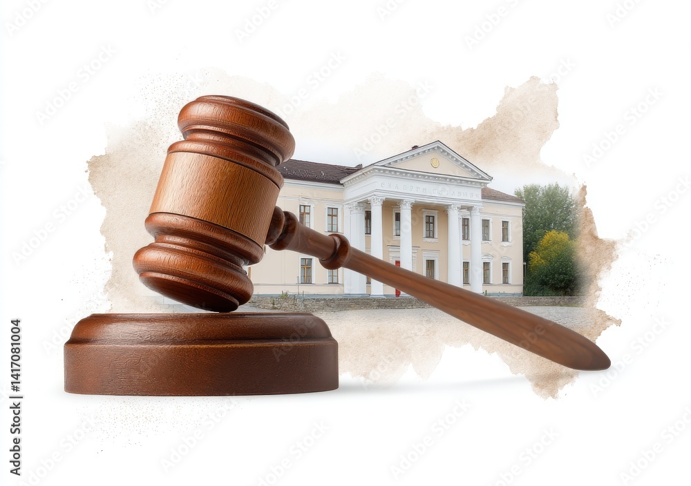 Illustration of a Gavel Over a Court Building Representing Justice and Legal System