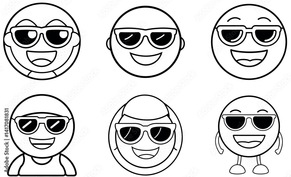Fun and Playful Cartoon Sunglasses Emoji Collection in Black and White Fun and Playful Cartoon Sunglasses Emoji Collection in Black and White