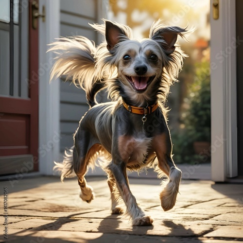 Chinese crestd dog running happily in the house