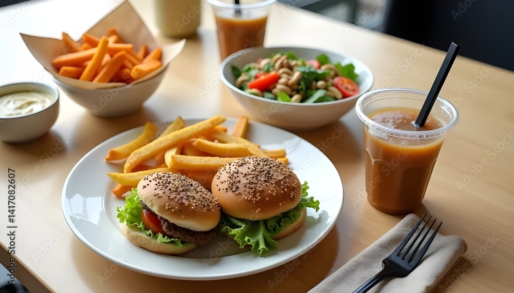 Casual Burger Meal Set with Fries and Salad Casual Burger Meal Set with Fries and Salad