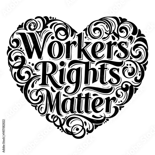 Elegant, decorative heart-shaped graphic design featuring the phrase "Workers' Rights Matter" in a stylized, handwritten font. Ideal for social media, posters, or advocacy campaigns.