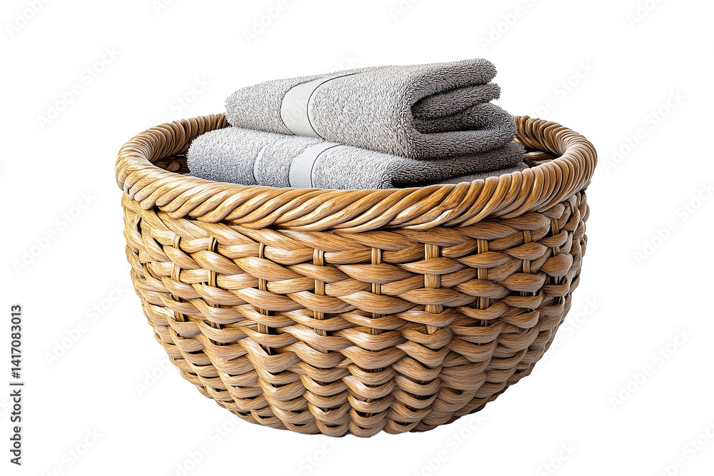 Obraz premium aundry basket, woven or plastic style, filled with folded towels or clothes, isolated on white background
