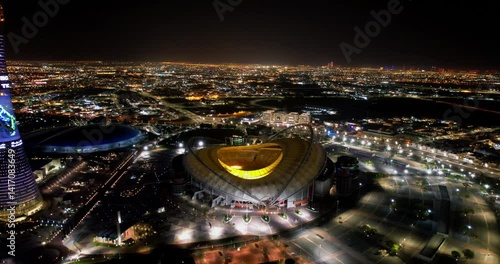 Night Aerial view Khalifa International Stadium in Qatar