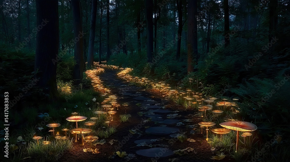 Bioluminescent Mushroom Trail. A magical forest path illuminated by glowing fungi. Used in fantasy games, book illustrations, or sci-fi visuals. Embodies mystery, ecological wonder Bioluminescent Mushroom Trail. A magical forest path illuminated by glowing fungi. Used in fantasy games, book illustrations, or sci-fi visuals. Embodies mystery, ecological wonder