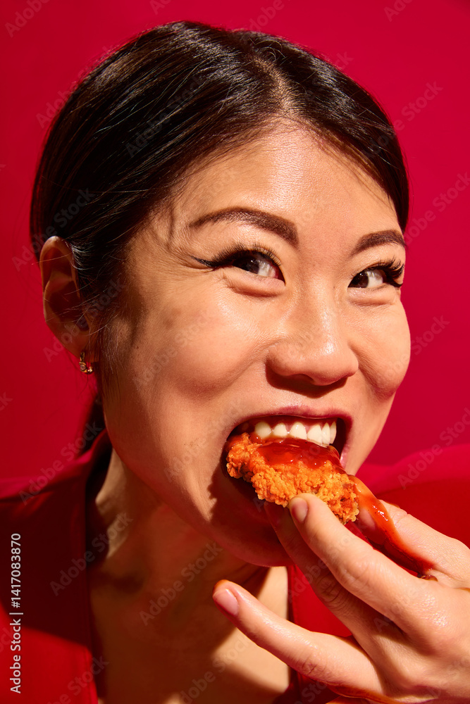 Close-up portrait of young excited Asian woman biting crispy chicken dripping with sauce against bold red background. Concept of food culture, pop art photography, human emotions