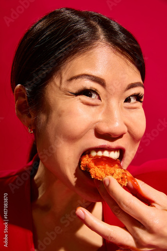 Obraz na płótnie Close-up portrait of young excited Asian woman biting crispy chicken dripping with sauce against bold red background. Concept of food culture, pop art photography, human emotions w salonie