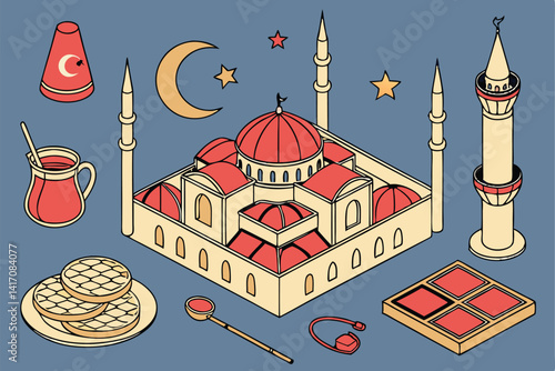 5 Isometric Turkish culture icons, vibrant colors, blue background, 3D illustration, fez hat, Turkish flag, hookah, baklava, kebab, Turkish coffee, evil eye, crescent moon, stars, Galata Tower, Hagia 