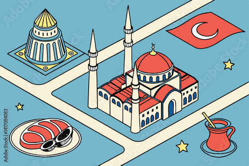 5 Isometric Turkish culture icons, vibrant colors, blue background, 3D illustration, fez hat, Turkish flag, hookah, baklava, kebab, Turkish coffee, evil eye, crescent moon, stars, Galata Tower, Hagia 