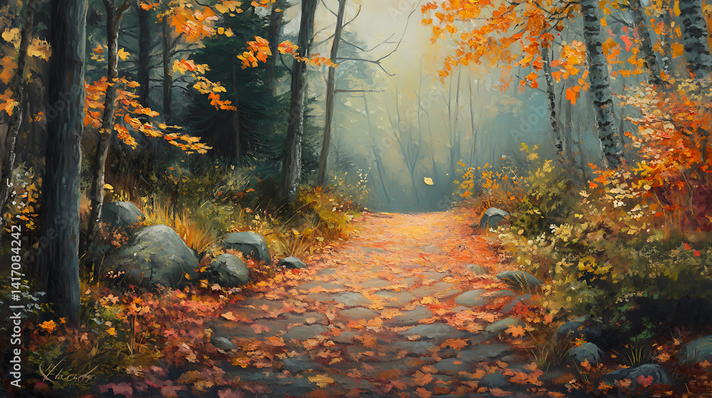 Fototapeta premium Autumnal Path A Misty Wooden Walkway Covered in Fallen Leaves