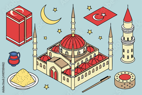 5 Isometric Turkish culture icons, vibrant colors, blue background, 3D illustration, fez hat, Turkish flag, hookah, baklava, kebab, Turkish coffee, evil eye, crescent moon, stars, Galata Tower, Hagia 