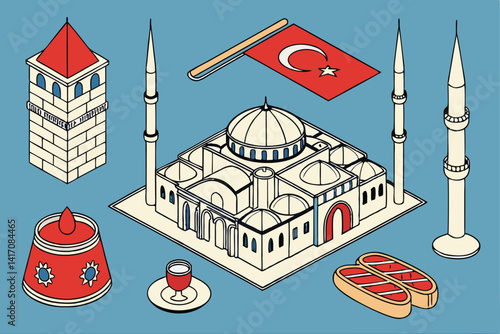 5 Isometric Turkish culture icons, vibrant colors, blue background, 3D illustration, fez hat, Turkish flag, hookah, baklava, kebab, Turkish coffee, evil eye, crescent moon, stars, Galata Tower, Hagia 