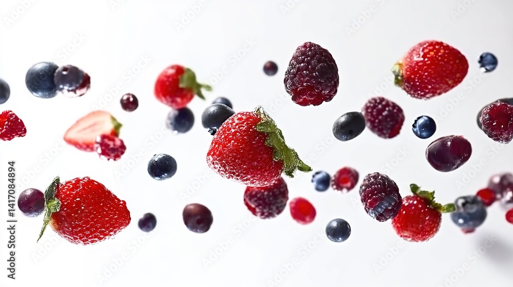  Levitating Berry Freshness. Vibrant strawberries, blueberries, and raspberries floating mid-air. Perfect for juice ads, health blogs, or organic markets.