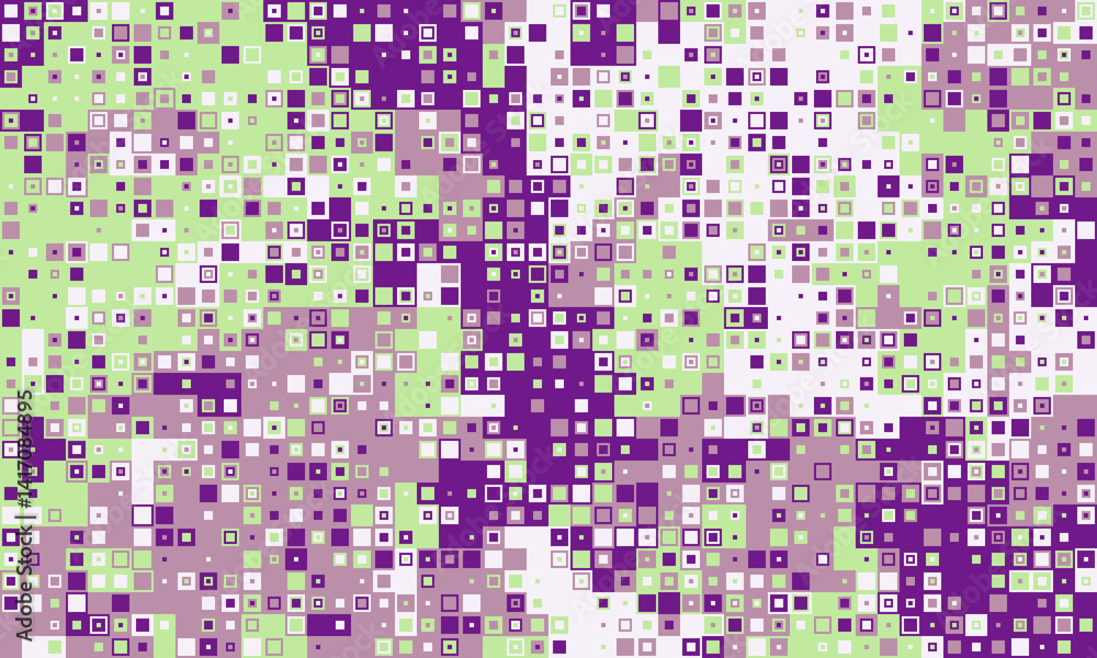 Fototapeta premium Abstract pixel art background. Vibrant purple, green, and white squares create a dynamic, textured pattern perfect for websites, presentations, or digital art projects.