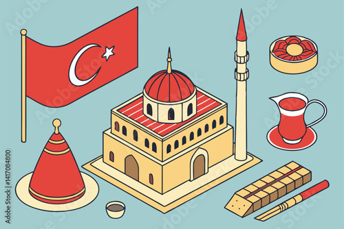 5 Isometric Turkish culture icons, vibrant colors, blue background, 3D illustration, fez hat, Turkish flag, hookah, baklava, kebab, Turkish coffee, evil eye, crescent moon, stars, Galata Tower, Hagia 