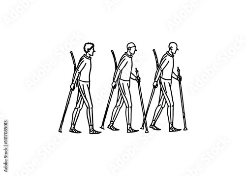 Silhouette of walking men with sticks isolated on a white background