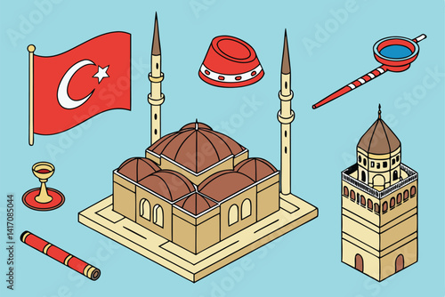 5 Isometric Turkish culture icons, vibrant colors, blue background, 3D illustration, fez hat, Turkish flag, hookah, baklava, kebab, Turkish coffee, evil eye, crescent moon, stars, Galata Tower, Hagia 