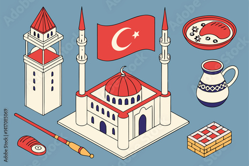 5 Isometric Turkish culture icons, vibrant colors, blue background, 3D illustration, fez hat, Turkish flag, hookah, baklava, kebab, Turkish coffee, evil eye, crescent moon, stars, Galata Tower, Hagia 