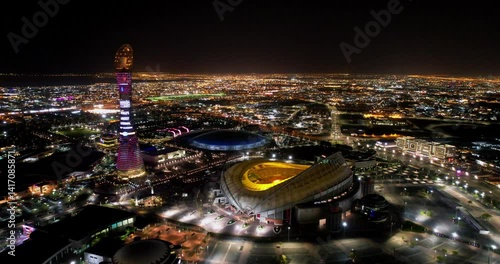Night Aerial view Khalifa International Stadium in Qatar